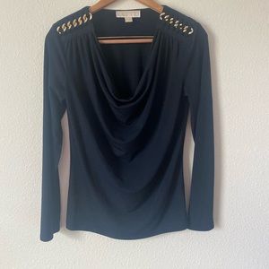 Michael Kors Women’s Black Long Sleeve Draped Neck Blouse W/Shoulder Decor Small